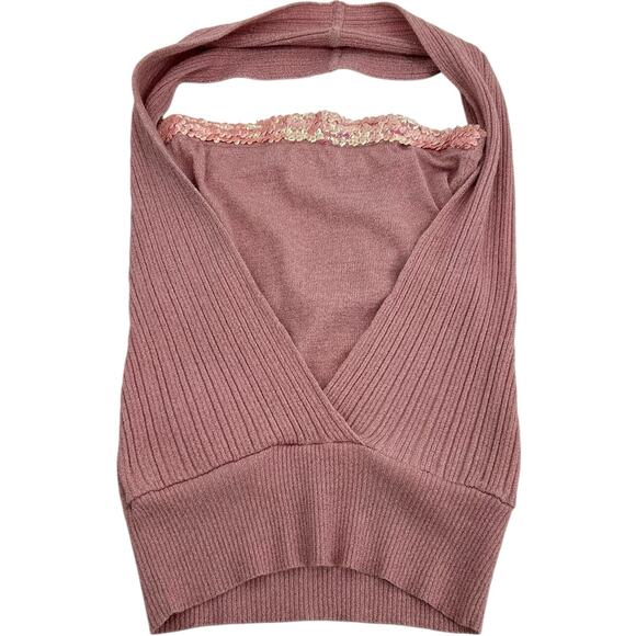 Vintage 90s y2k womens baby pink sequin sparkly Vanity knit halter tube tank top - Picture 1 of 7